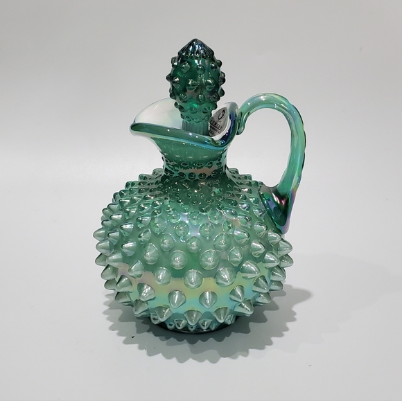 🥰 Fenton 6" Irredescent Hobnail Green Glass Overlay Cruet & Stopper 😍 - Picture 11 of 11